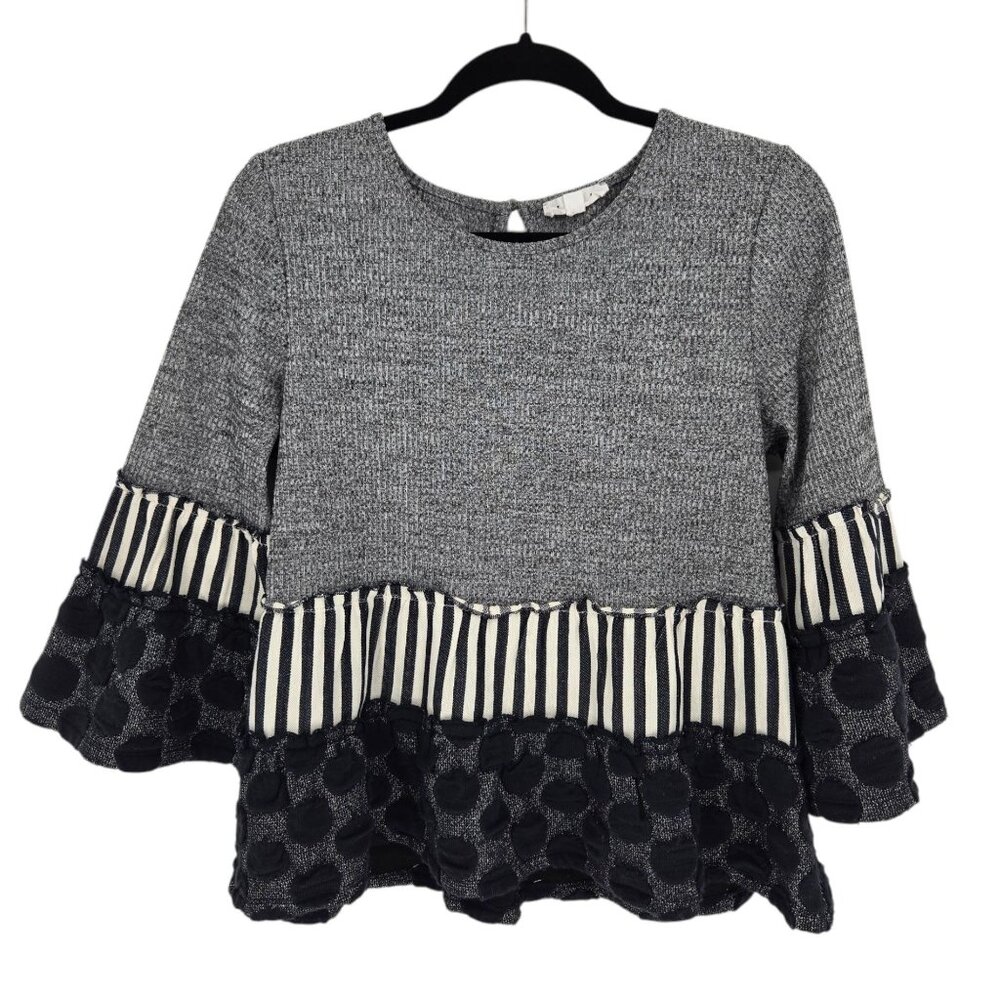 THML womens medium navy tiered flare bell sleeve mixed media sweater ribbed knit